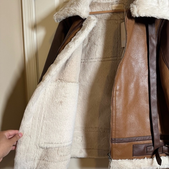 Choosy Amelia Shearling Jacket Aviator Vegan Faux Leather with Cream Accents XL - Picture 14 of 16